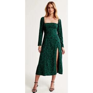 NWT Abercrombie & Fitch Green Leaf Midi Dress XS Squareneck Party Wedding Floral